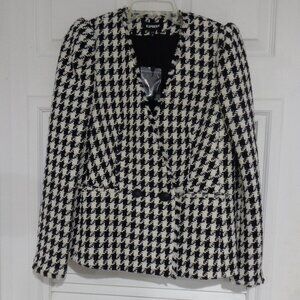 Express Women's Tweed Black and white Plaid Collarless Blazer Jacket‎ Size XS